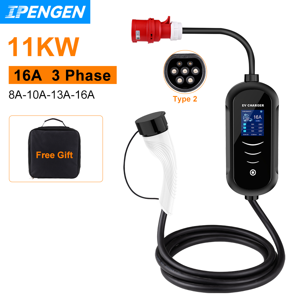 Portable Ev Charger 32A Type 2 Cee Plug - 16A 11KW ipengen ที่ชาร์จแบบพกพา3เฟส EV กล่องชาร์จ