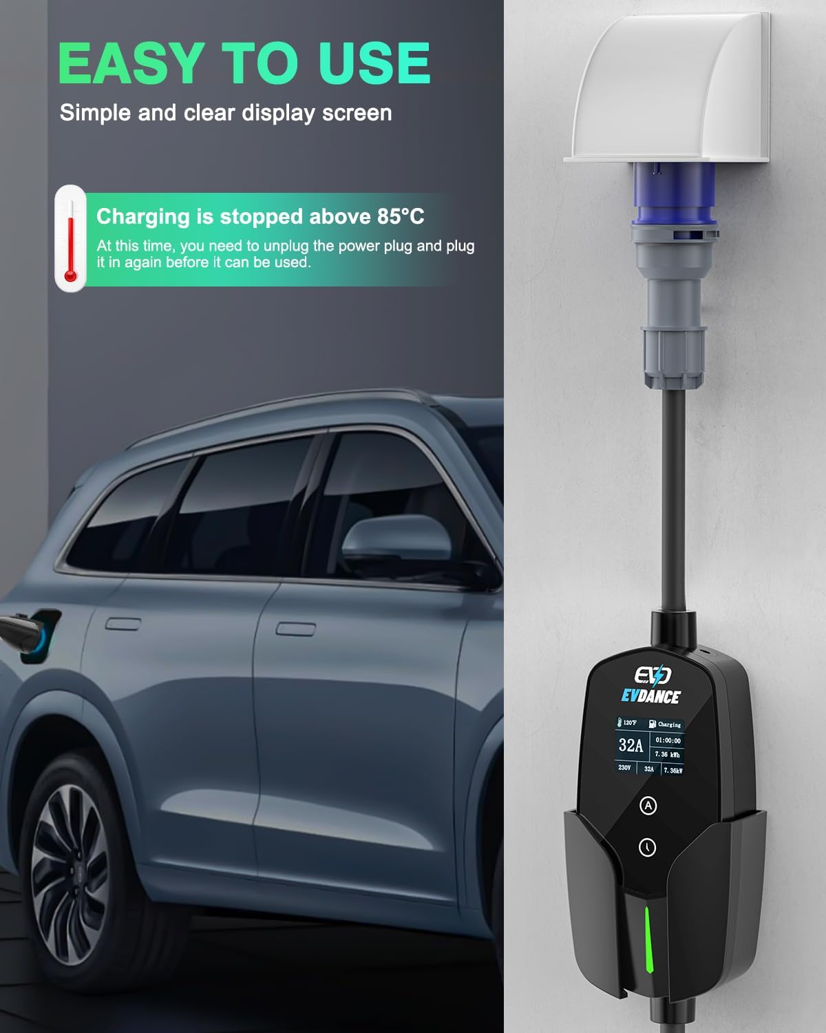 EVDance ที่ชาร์จ32A แบบ2 EV 7. - Portable Ev Charger 32A Type 2 Cee Plug บทวิจารณ์และราคา